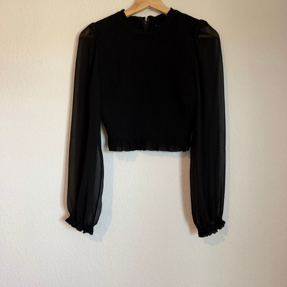 Aritzia Wilfred Black Tempest Smocked Chiffon Blouse Women's Size Large NWT - Picture 2 of 8